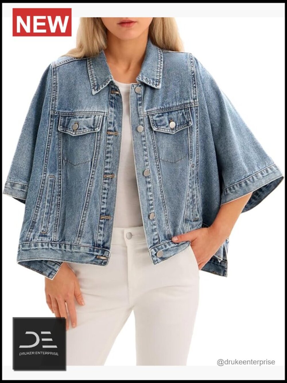 Oversized Cropped Denim Jacket with Pockets Cape Coat